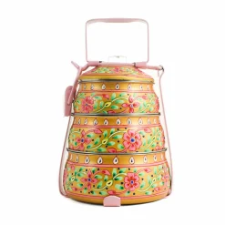 Indian Tiffin Hand Painted Three Tier Yellow Tiffin Tin, 1.5 Litre Hot