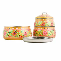 Indian Tiffin Hand Painted Three Tier Yellow Tiffin Tin, 1.5 Litre Hot