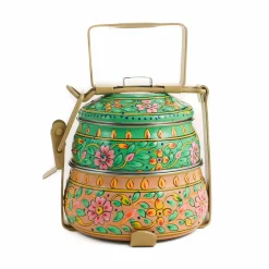 Indian Tiffin Hand Painted Two Tier Pink & Green Tiffin Tin, 750ml Outlet