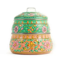 Indian Tiffin Hand Painted Two Tier Pink & Green Tiffin Tin, 750ml Outlet