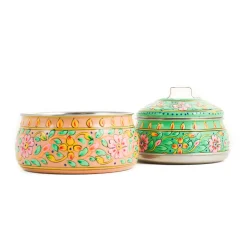 Indian Tiffin Hand Painted Two Tier Pink & Green Tiffin Tin, 750ml Outlet
