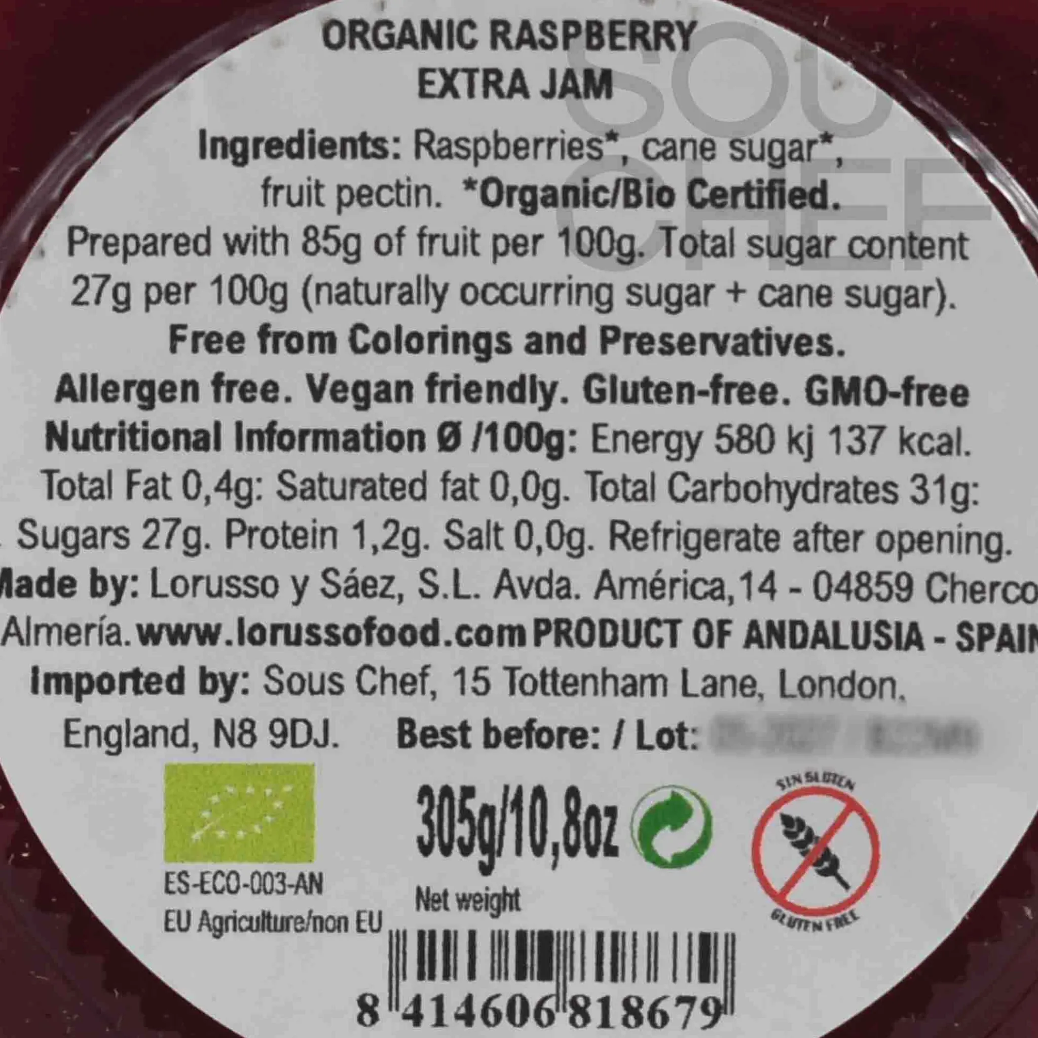 LoRUSSo Organic Artisanal Raspberry Jam, 305g New