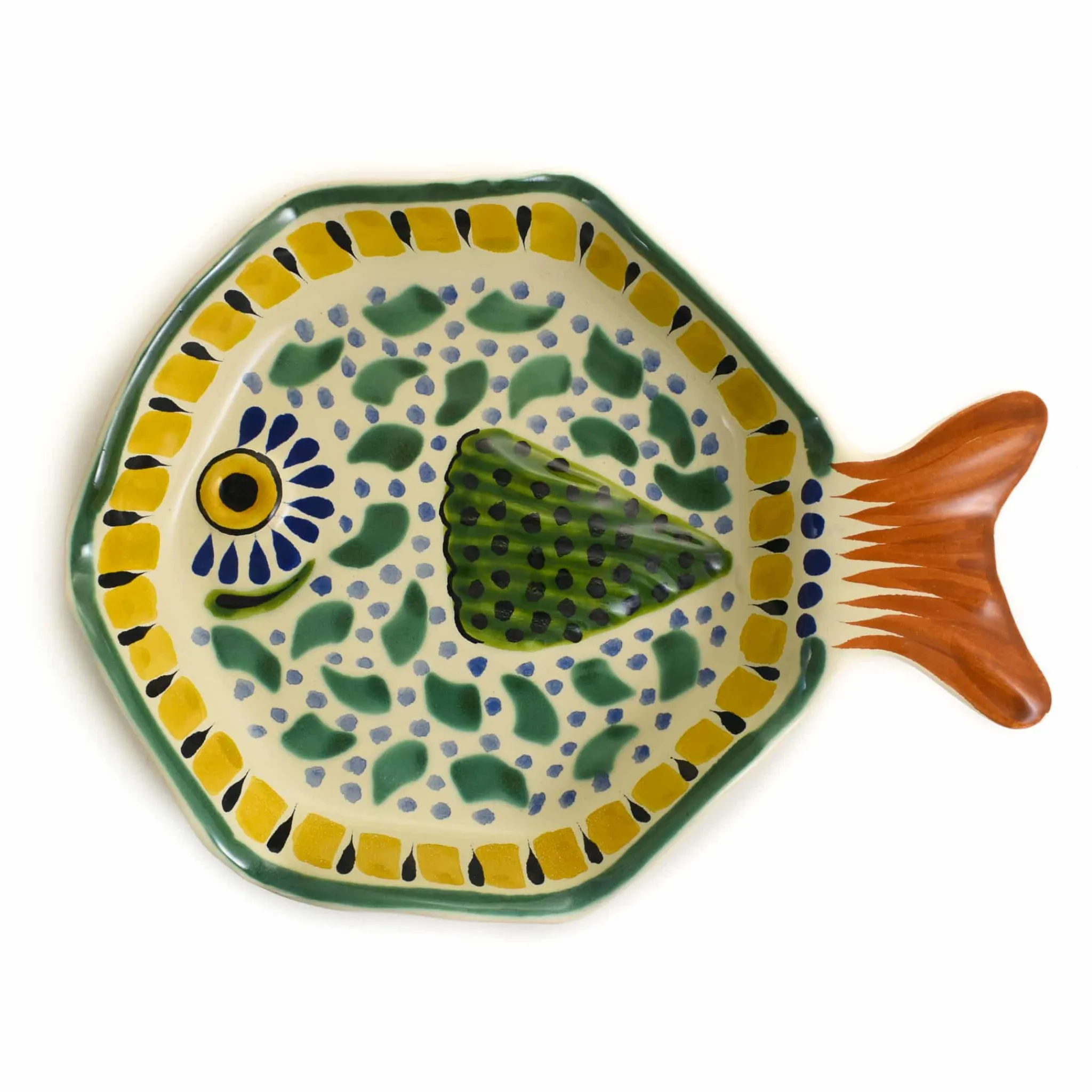 Gorky Pottery Mexican Hand Painted Green & Yellow Fish Dish, 14x19cm Clearance