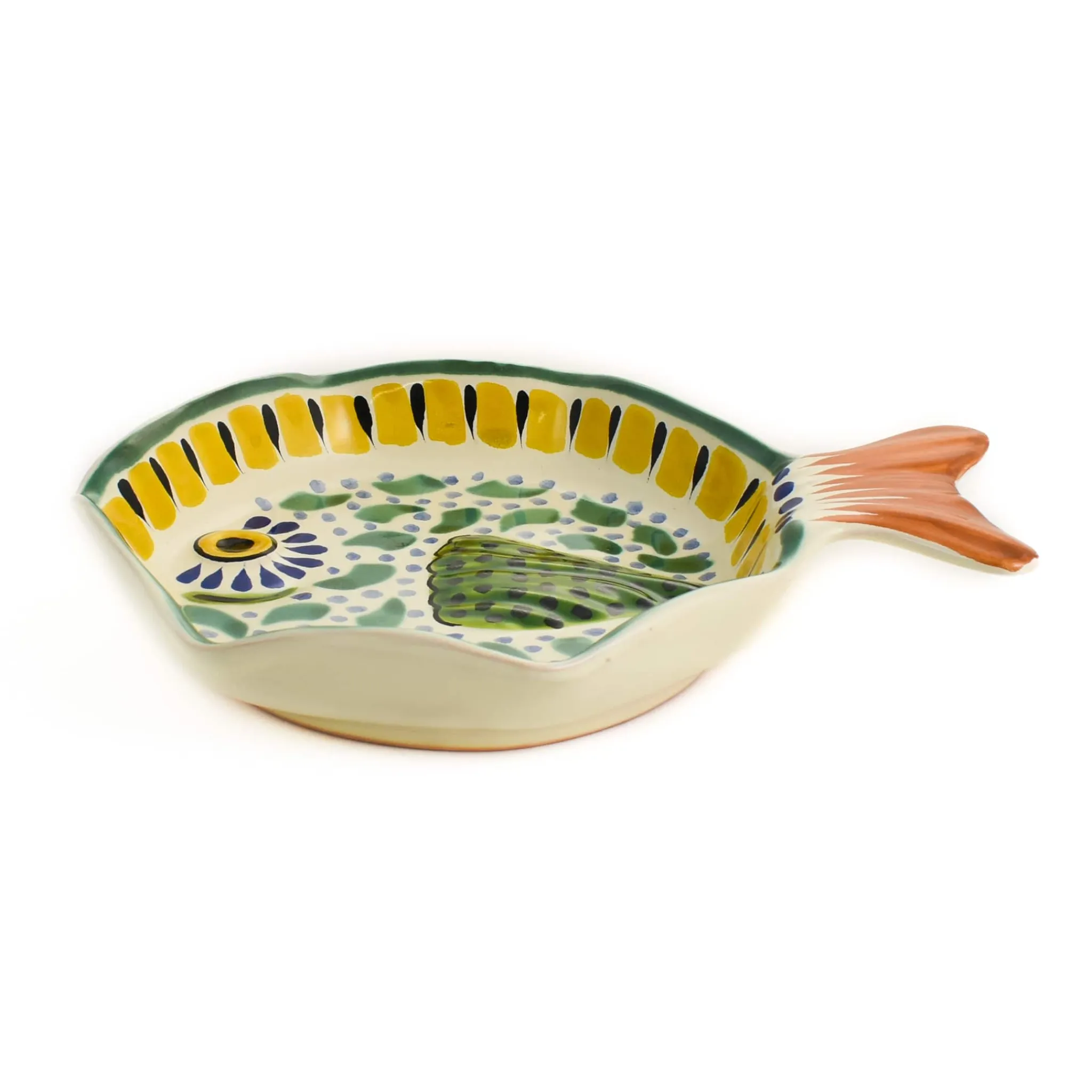 Gorky Pottery Mexican Hand Painted Green & Yellow Fish Dish, 14x19cm Clearance