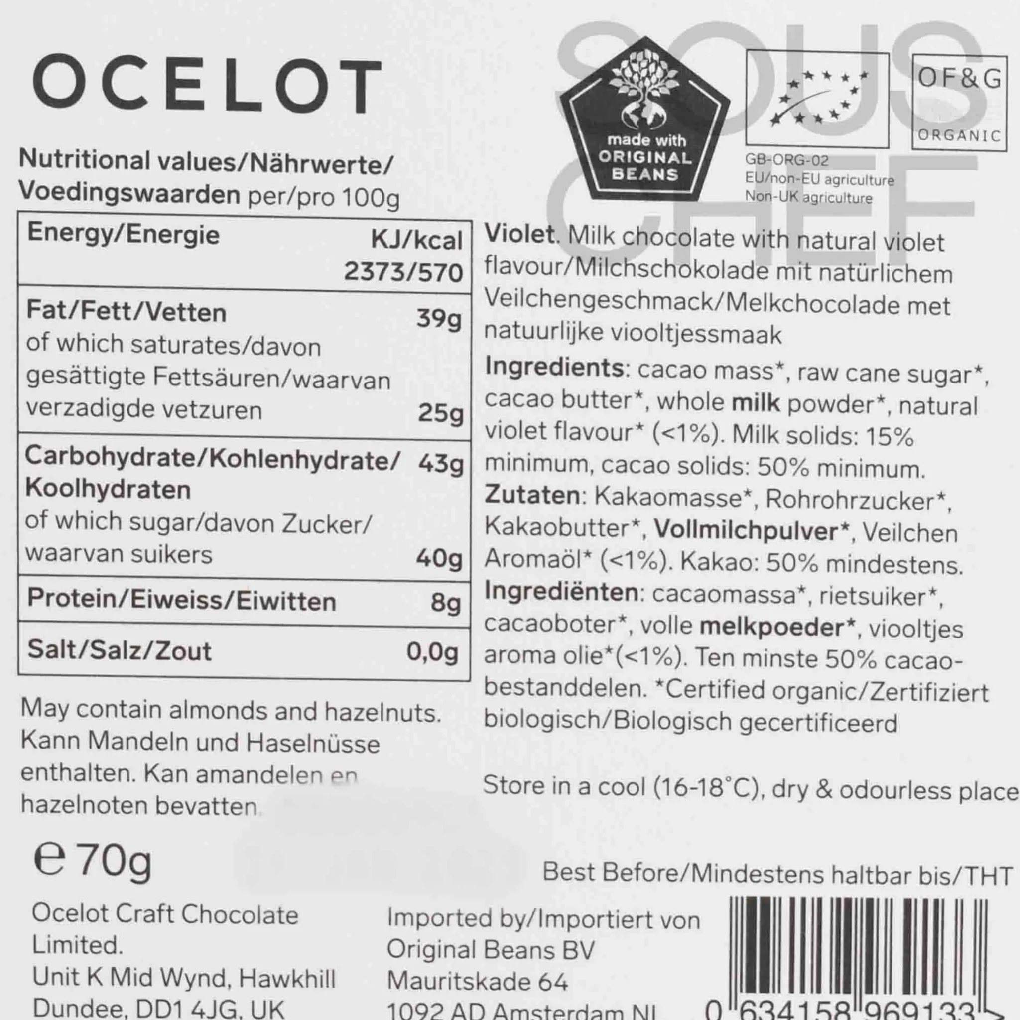 Ocelot Organic Milk Chocolate & Violet Chocolate Bar, 70g Outlet