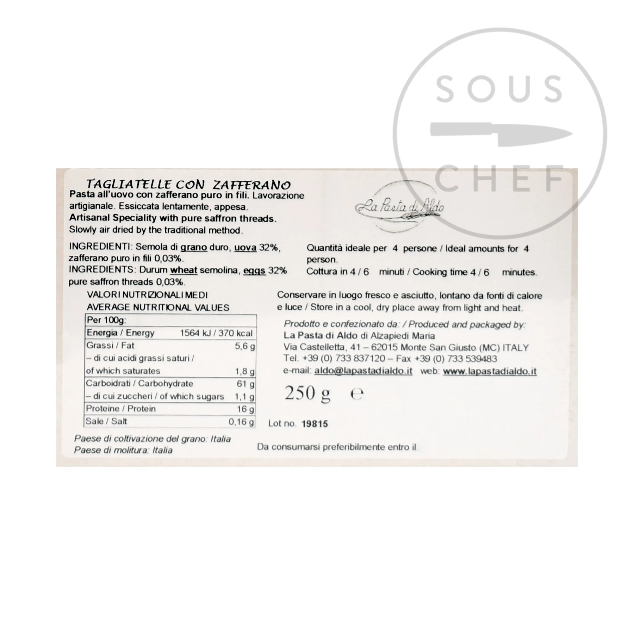 Pasta di Aldo Saffron Tagliatelle Egg Pasta, 250g New