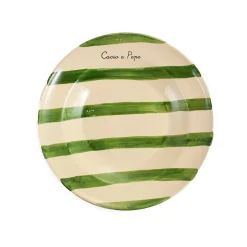 Puglia Handmade Puglia "Cacio E Pepe" Green Stripe Pasta Bowl, 29cm New
