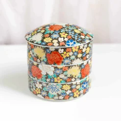 Seikou Porcelain Black Floral Motif Sweets Container, 3 Compartments New