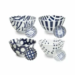 Kiji Stoneware & Ceramics Set of 4 Assorted Blue Japanese Rice Bowls, 19.5cm