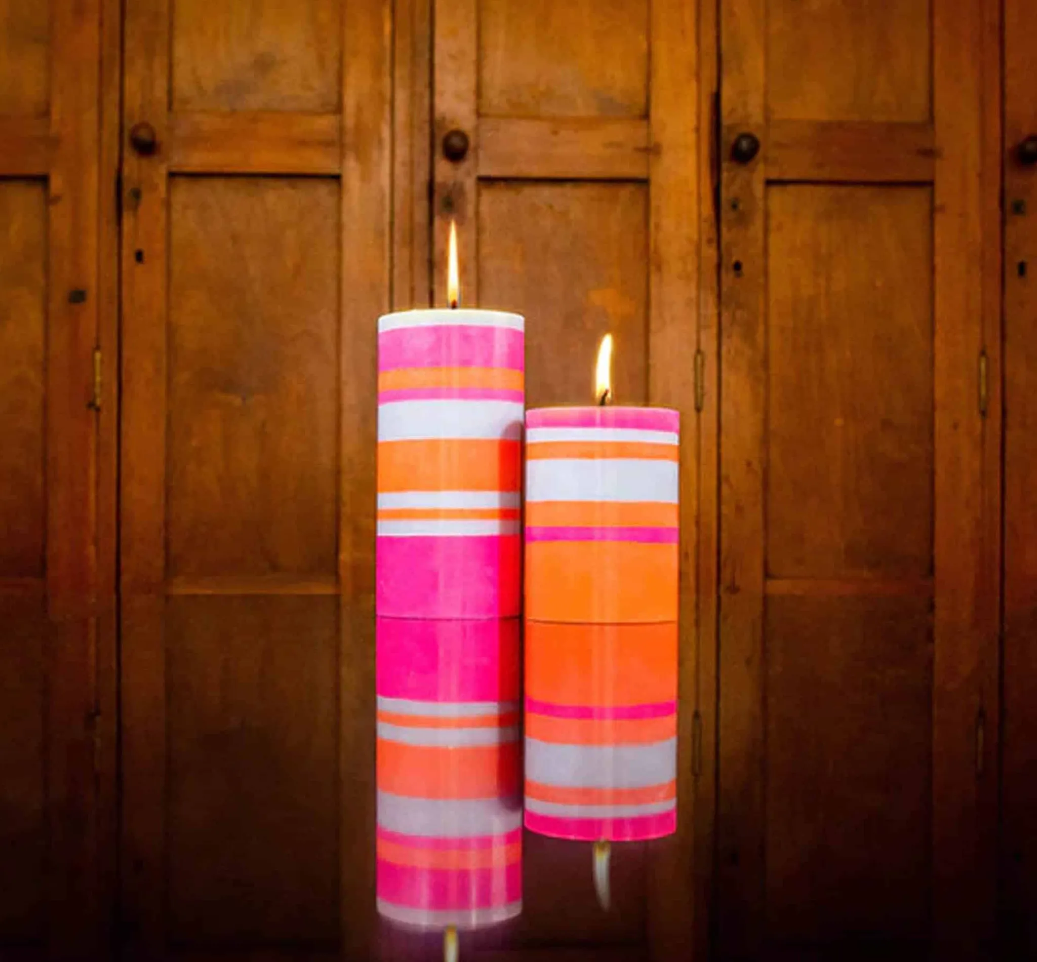British Colour Standard Striped Pillar Candle, Orange & Pink, 10cm Sale