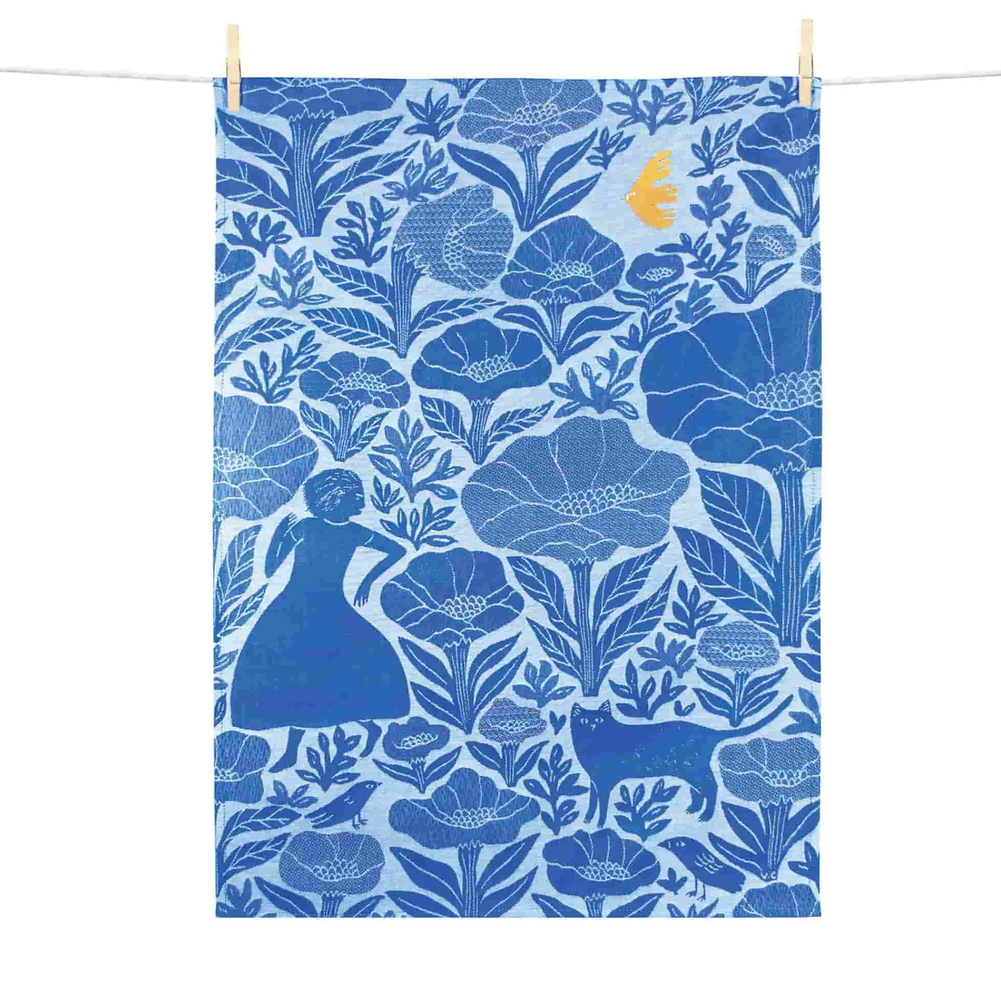 Tissage Moutet Blue Garden Embroidered French Jacquard Tea Towel