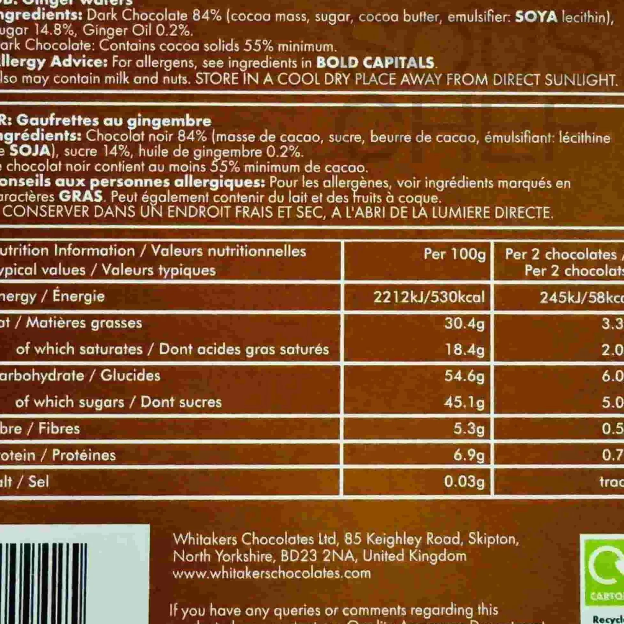 Whitakers Vegan Dark Chocolate Ginger Wafers, 150g New